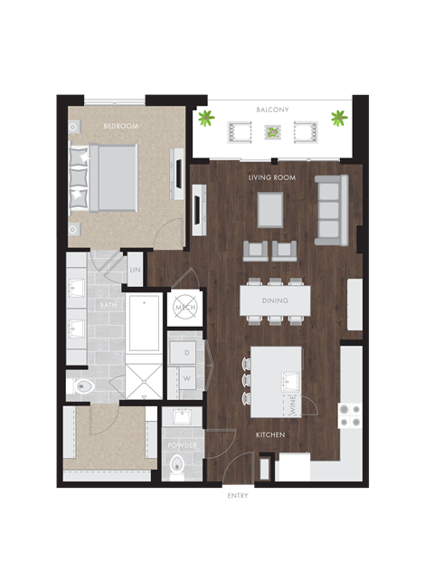 Floor plan for 1 bed, 1.5 baths, 1095 sqft